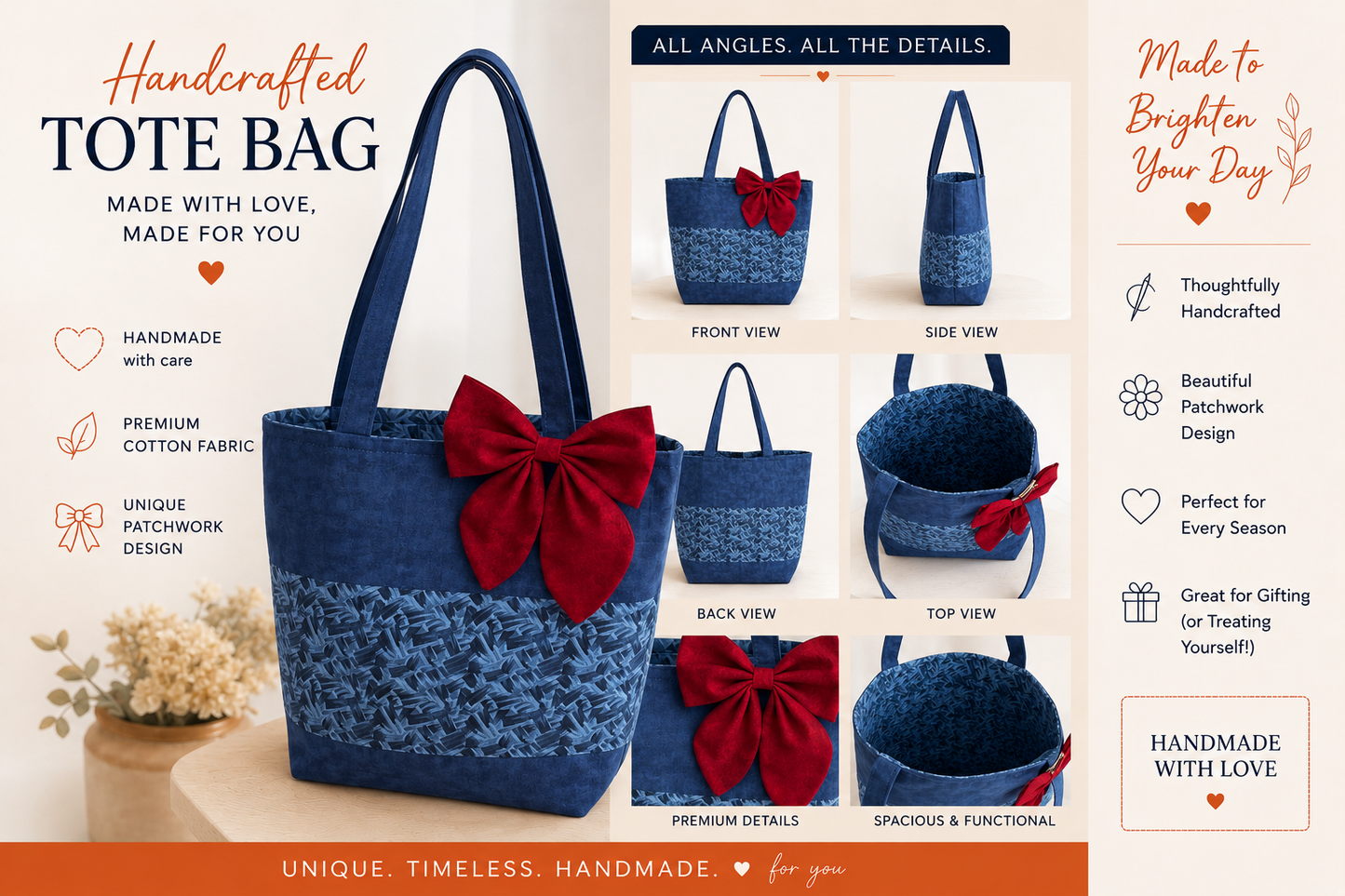 Blue Handmade Tote Bag – 16” Approximate Size