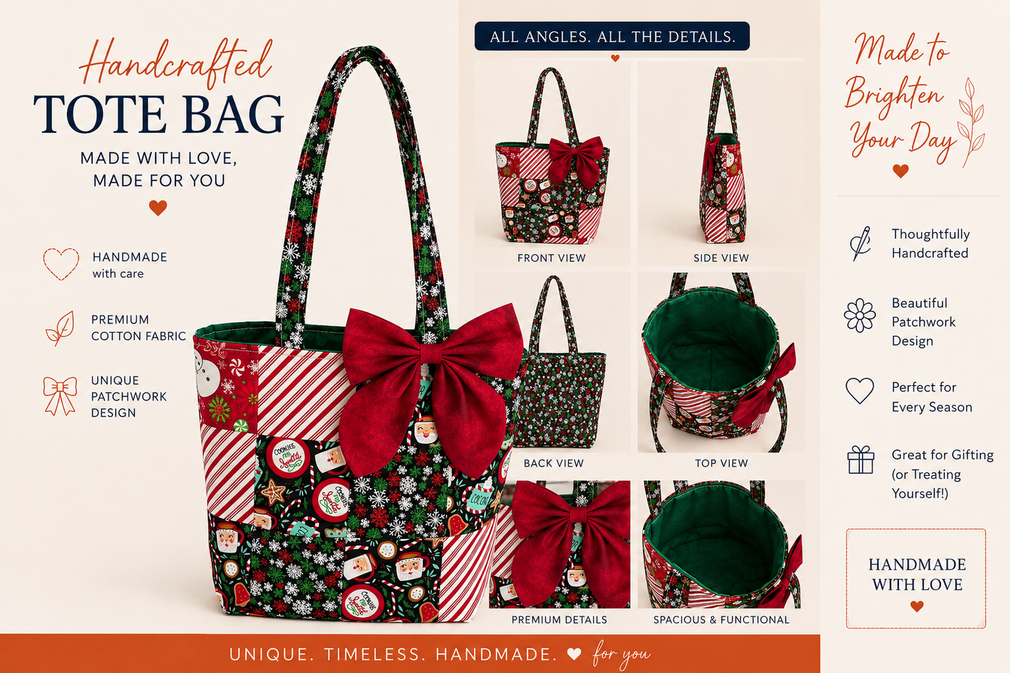 Christmas Quilted Front Tote Bag – 14” Approximate Size