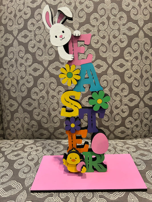 Standing Easter Bunny Wood Sign – Colorful Spring Decor (painted)