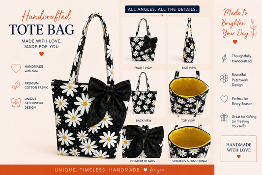Daisy Patterned Zippered Mini Tote Bag – 9” Approximate Size