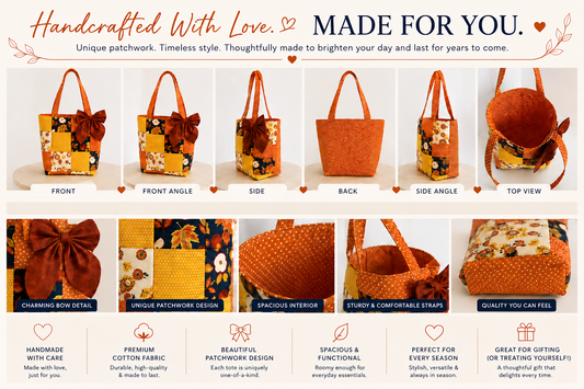 Fall Patchwork Quilted Tote Bag – 14” Approximate Size