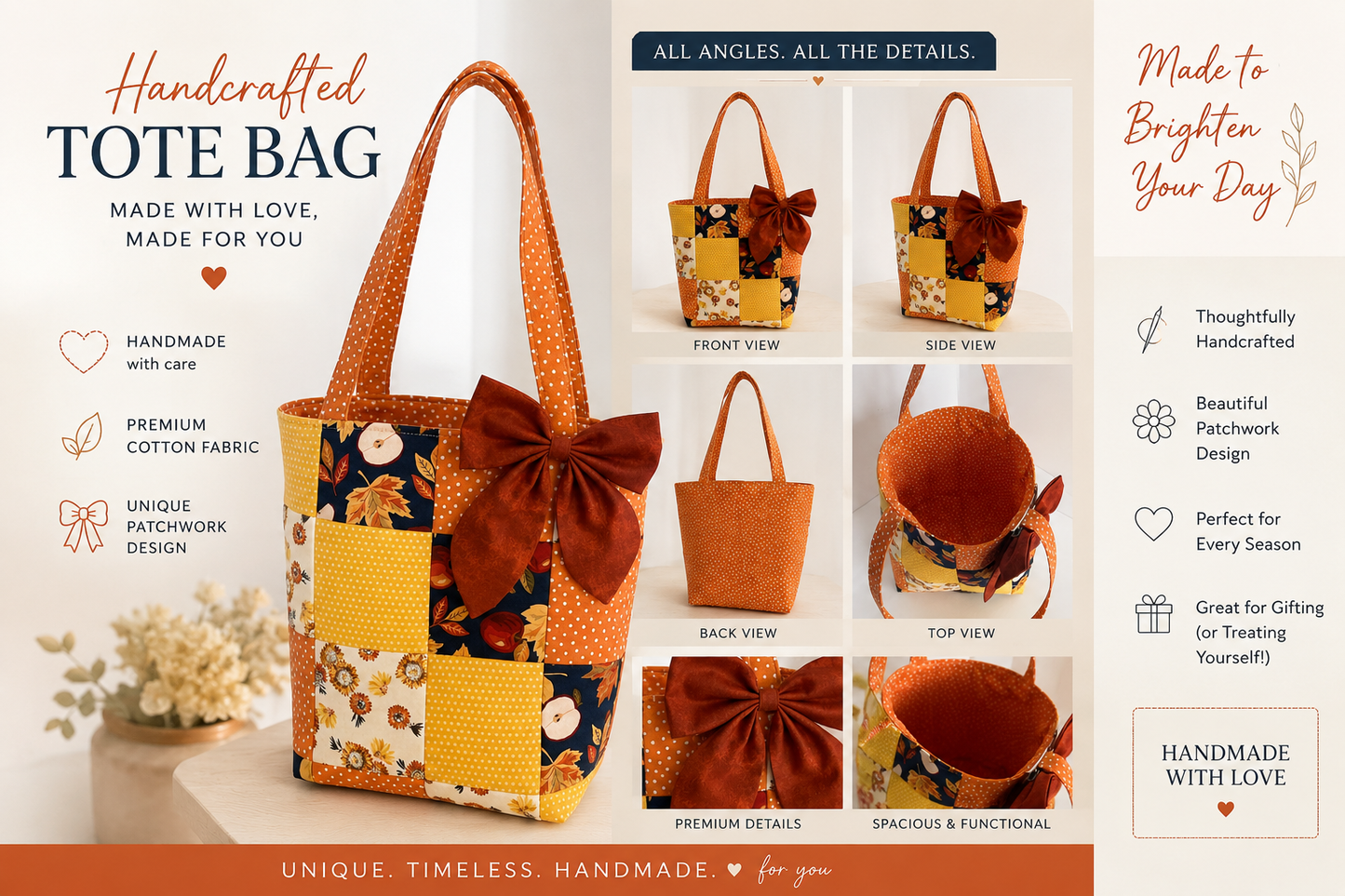 Fall Patchwork Quilted Tote Bag – 14” Approximate Size