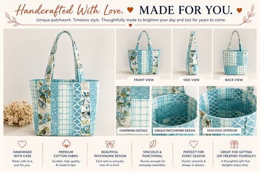 Light Blue Quilted Floral Tote Bag – 14” Approximate Size